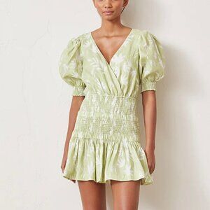 NWT Bec + Bridge Windswept Green Linen Palm Print Shirred Mini Dress US 4‍‍‍﻿﻿﻿﻿